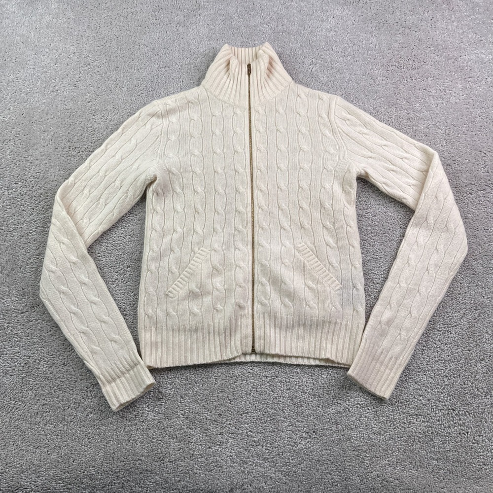 Ralph Lauren Black Label Sweater Womens Small Cream Cashmere Cable Knit Full Zip